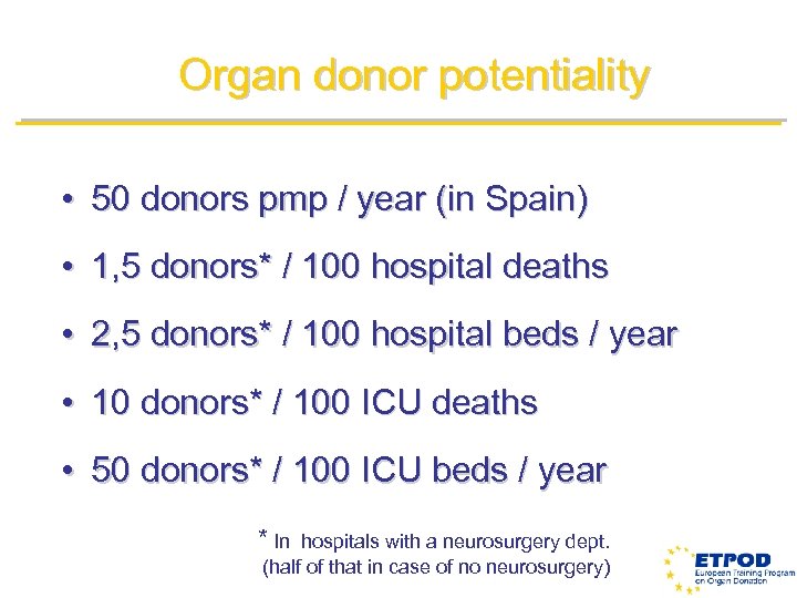 Organ donor potentiality • 50 donors pmp / year (in Spain) • 1, 5