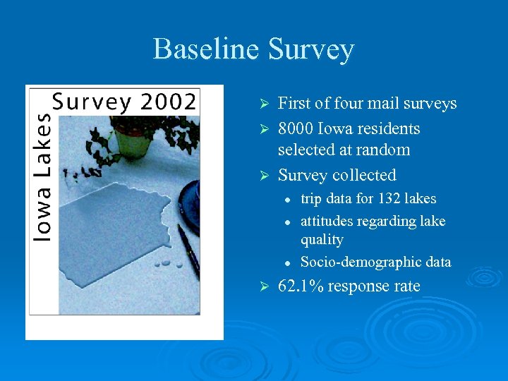 Baseline Survey First of four mail surveys Ø 8000 Iowa residents selected at random