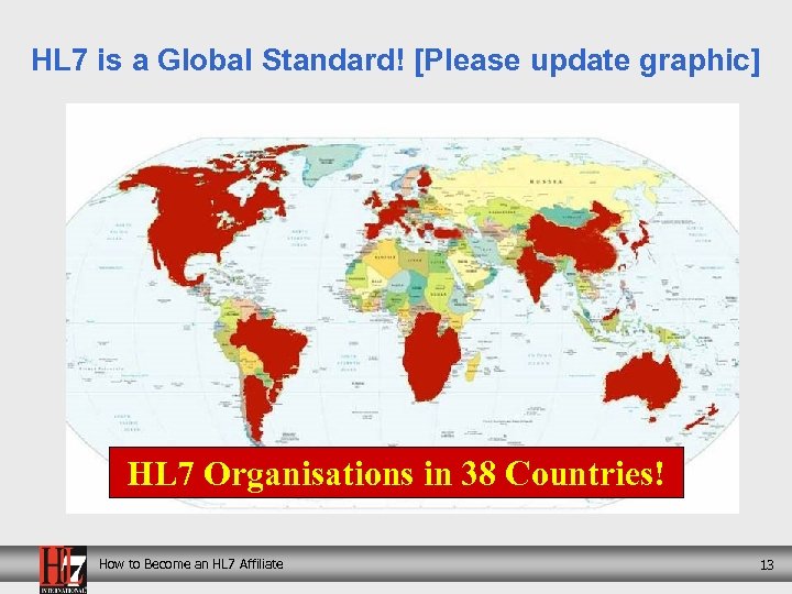 HL 7 is a Global Standard! [Please update graphic] HL 7 Organisations in 38