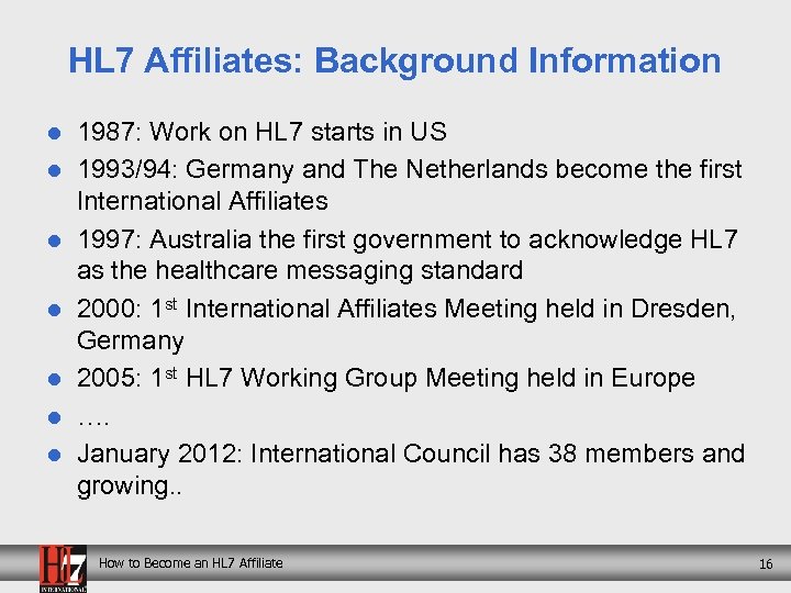 HL 7 Affiliates: Background Information l l l l 1987: Work on HL 7