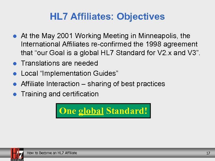 HL 7 Affiliates: Objectives l l l At the May 2001 Working Meeting in