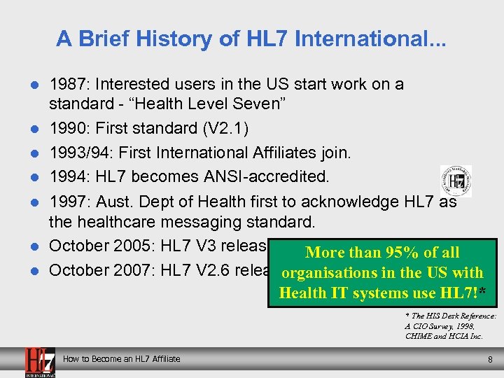 A Brief History of HL 7 International. . . l l l l 1987: