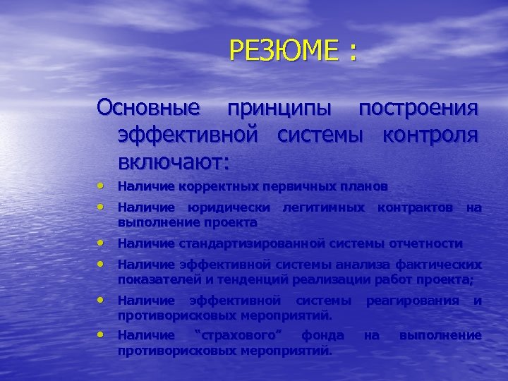 РЕЗЮМЕ : Основные принципы построения эффективной системы контроля включают: • Наличие корректных первичных планов