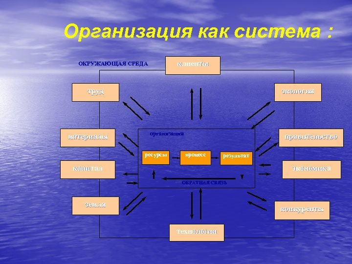 Организация как система : клиенты ОКРУЖАЮЩАЯ СРЕДА труд материалы экология организация ресурсы правительство процесс
