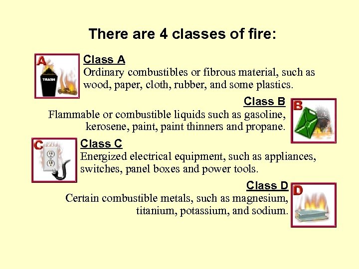 There are 4 classes of fire: Class A Ordinary combustibles or fibrous material, such