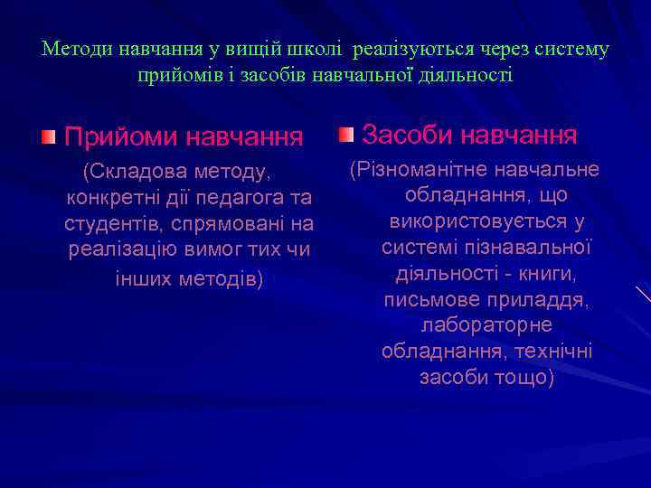Методи навчання у вищій школі реалізуються через систему прийомів і засобів навчальної діяльності Прийоми