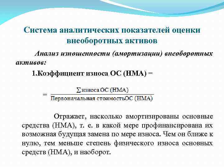 Система аналитических показателей оценки внеоборотных активов Анализ изношенности (амортизации) внеоборотных активов: 1. Коэффициент износа
