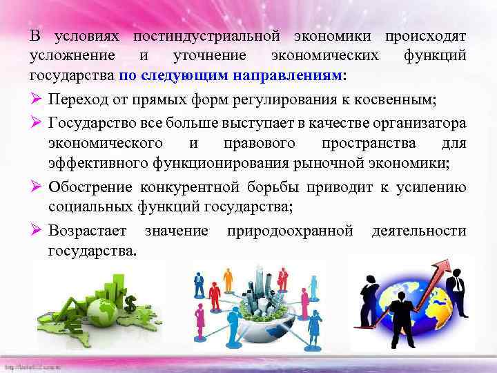 В условиях постиндустриальной экономики происходят усложнение и уточнение экономических функций государства по следующим направлениям: