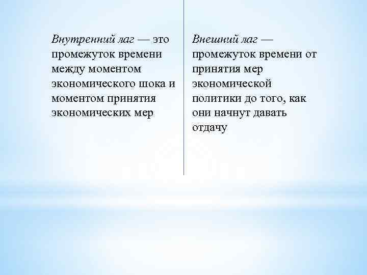 Внутренний лаг — это промежуток времени между моментом экономического шока и моментом принятия экономических