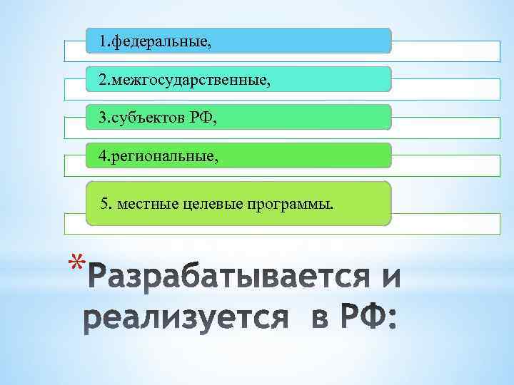 1. федеральные, 2. межгосударственные, 3. субъектов РФ, 4. региональные, 5. местные целевые программы. *