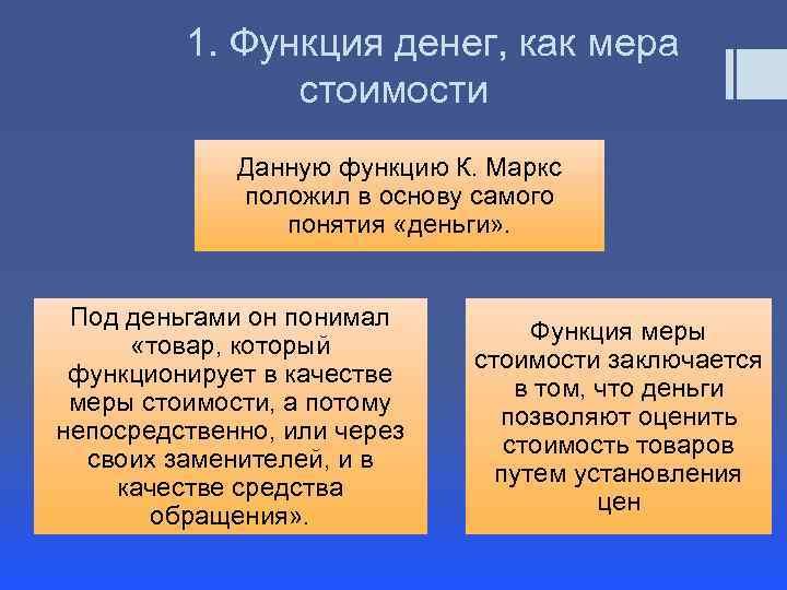 1. Функция денег, как мера стоимости Данную функцию К. Маркс положил в основу самого