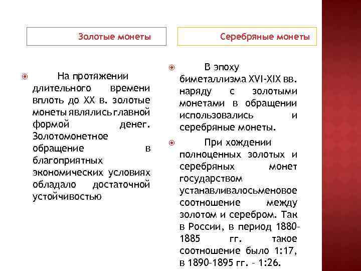 Золотые монеты На протяжении длительного времени вплоть до ХХ в. золотые монеты являлись главной