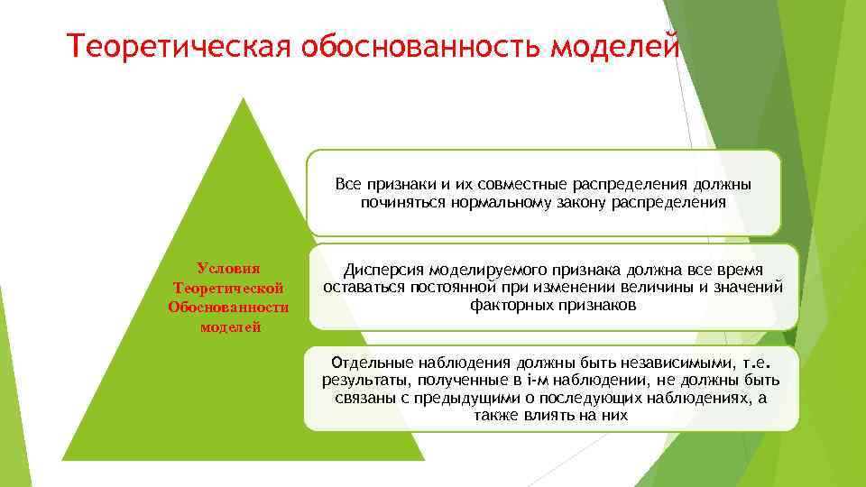 Теоретическая обоснованность моделей Все признаки и их совместные распределения должны починяться нормальному закону распределения