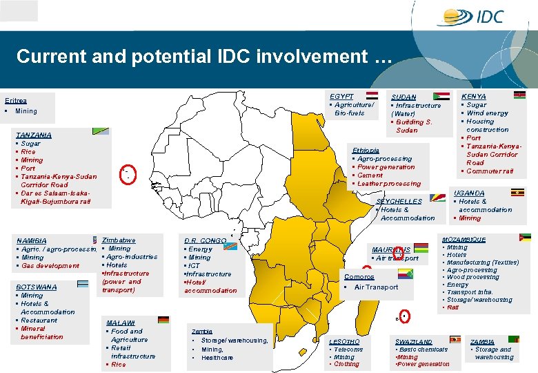 Current and potential IDC involvement … EGYPT • Agriculture/ Bio-fuels Eritrea • Mining TANZANIA
