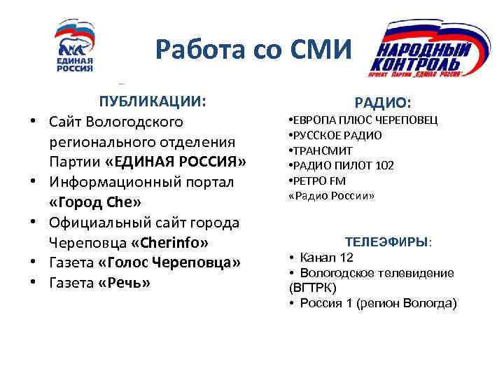 Работа со СМИ • • • ПУБЛИКАЦИИ: Сайт Вологодского регионального отделения Партии «ЕДИНАЯ РОССИЯ»