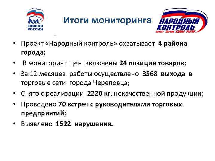 Итоги мониторинга • Проект «Народный контроль» охватывает 4 района города; • В мониторинг цен