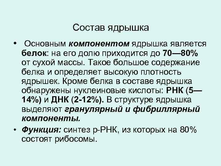 Состав ядрышка • Основным компонентом ядрышка является белок: на его долю приходится до 70—