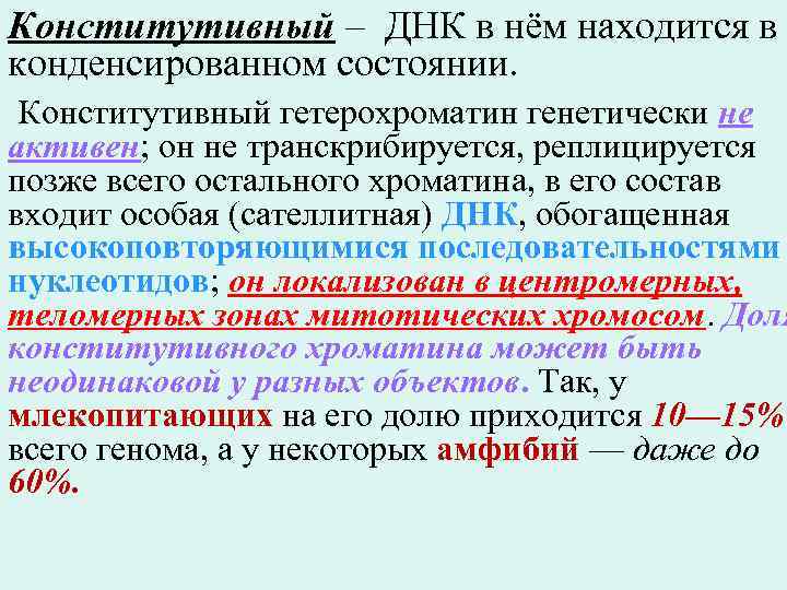 Конститутивный – ДНК в нём находится в конденсированном состоянии. Конститутивный гетерохроматин генетически не активен;