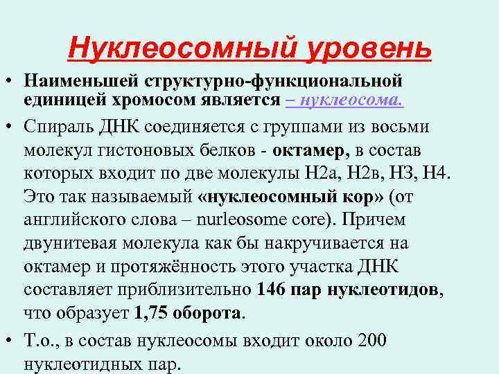 Нуклеосомный уровень • Наименьшей структурно-функциональной единицей хромосом является – нуклеосома. • Спираль ДНК соединяется
