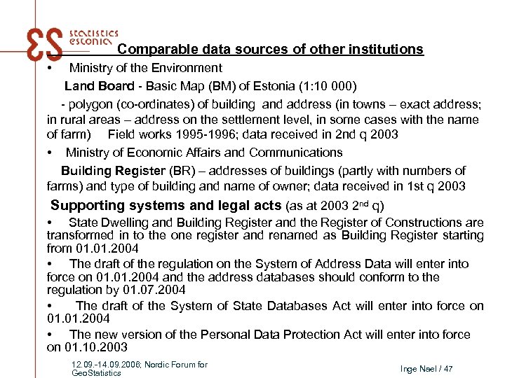 Comparable data sources of other institutions • Ministry of the Environment Land Board -