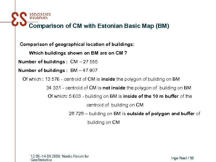 Comparison of CM with Estonian Basic Map (BM) Comparison of geographical location of buildings: