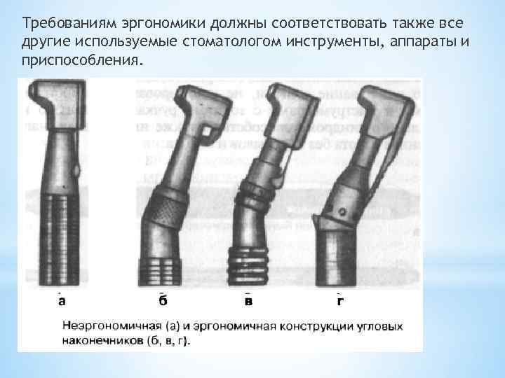 Требованиям эргономики должны соответствовать также все другие используемые стоматологом инструменты, аппараты и приспособления. 