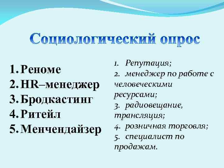 1. Реноме 2. HR–менеджер 3. Бродкастинг 4. Ритейл 5. Менчендайзер 1. Репутация; 2. менеджер
