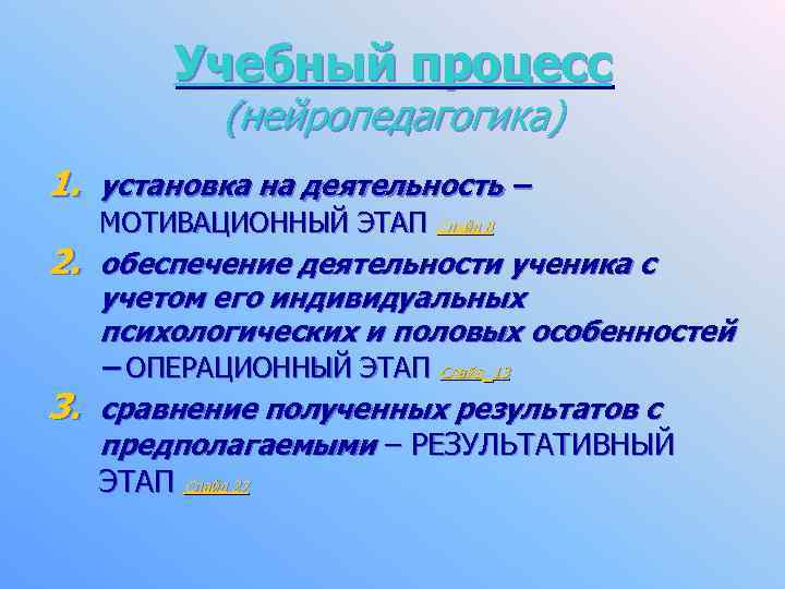 Учебный процесс (нейропедагогика) 1. установка на деятельность – МОТИВАЦИОННЫЙ ЭТАП Слайд 8 2. обеспечение