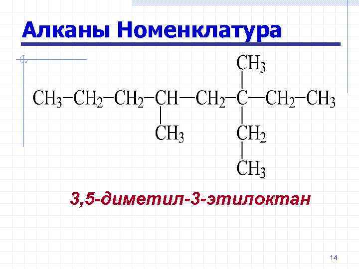 3 алканы. Цепи алканов. Номенклатура алканов. Составление цепи алканов. 3,5-Диметил-3-этилоктан.