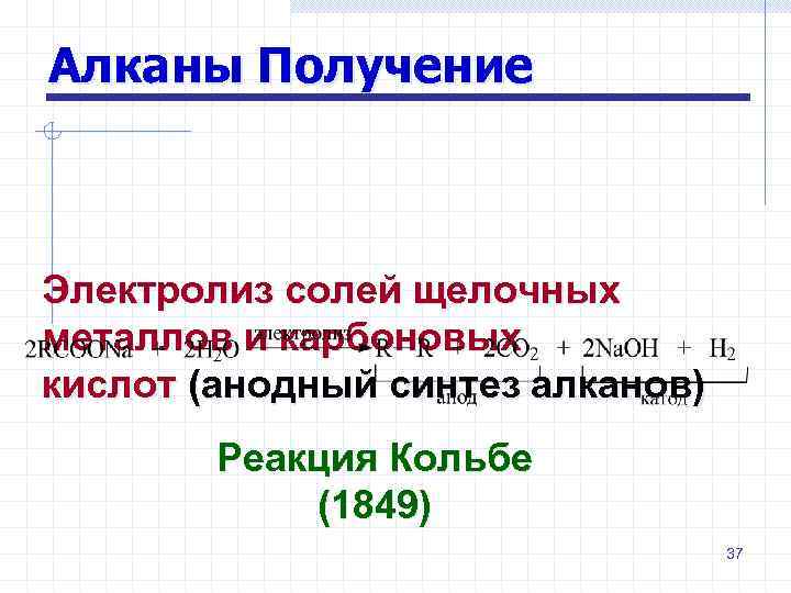 Алканы Получение Электролиз солей щелочных металлов и карбоновых кислот (анодный синтез алканов) Реакция Кольбе