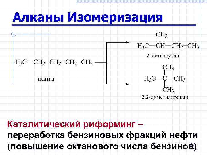 Механизмы реакций алканов. Риформинг пентана. Реакция изомеризации алканов примеры.