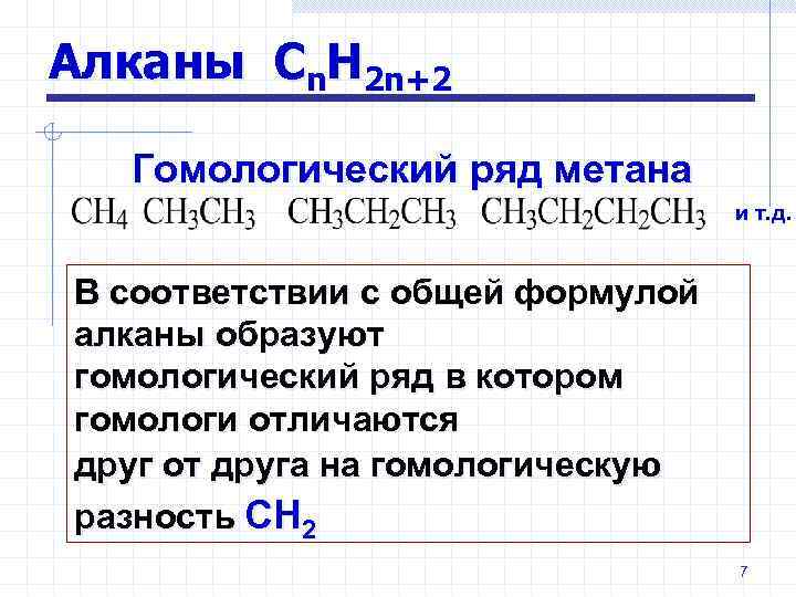 Алканы Сn. Н 2 n+2 Гомологический ряд метана и т. д. В соответствии с