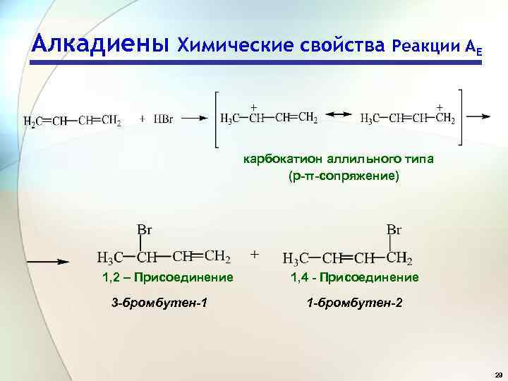 Алкадиены Химические свойства Реакции АЕ карбокатион аллильного типа (р-π-сопряжение) 1, 2 – Присоединение 3