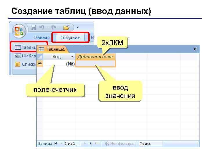 Создание таблиц (ввод данных) 2 x. ЛКМ поле-счетчик ввод значения 