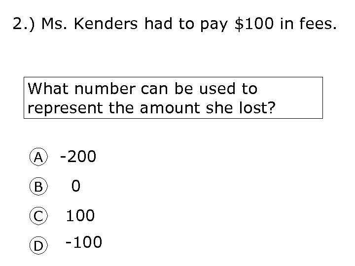 2. ) Ms. Kenders had to pay $100 in fees. What number can be
