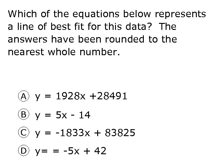 Which of the equations below represents a line of best fit for this data?