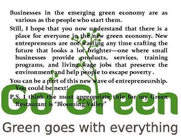 Businesses in the emerging green economy are as various as the people who start