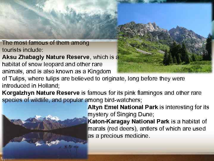 The most famous of them among tourists include: Aksu Zhabagly Nature Reserve, which is