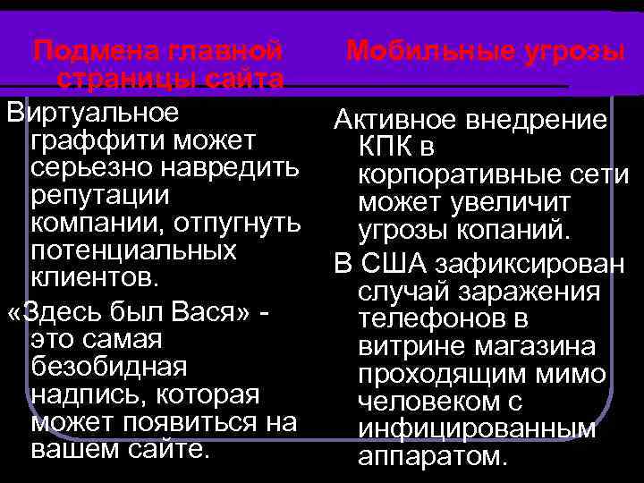 Подмена главной страницы сайта Виртуальное граффити может серьезно навредить репутации компании, отпугнуть потенциальных клиентов.