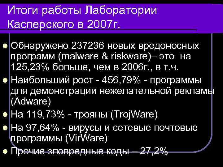 Итоги работы Лаборатории Касперского в 2007 г. l Обнаружено 237236 новых вредоносных программ (malware