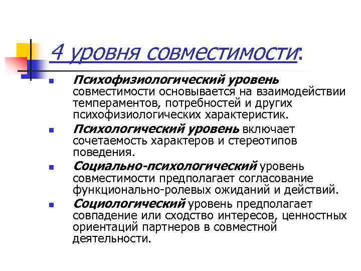 4 уровня совместимости: n n Психофизиологический уровень совместимости основывается на взаимодействии темпераментов, потребностей и