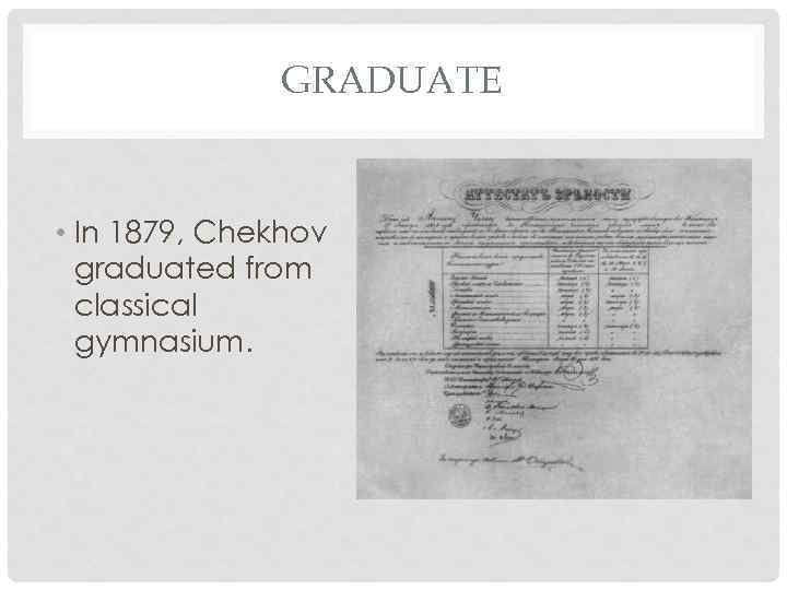 GRADUATE • In 1879, Chekhov graduated from classical gymnasium. 