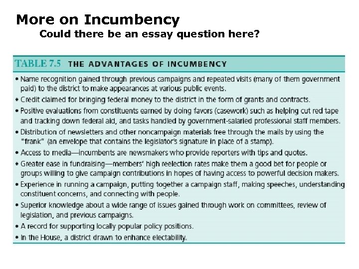 More on Incumbency Could there be an essay question here? 