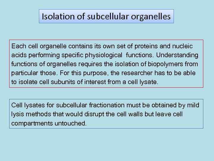 Isolation of subcellular organelles Each cell organelle contains its own set of proteins and