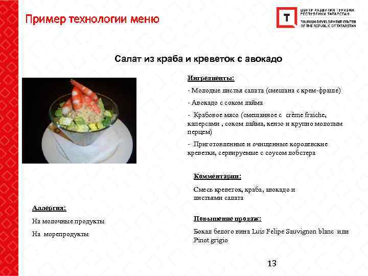 Пример технологии меню Салат из краба и креветок с авокадо Ингредиенты: - Молодые листья