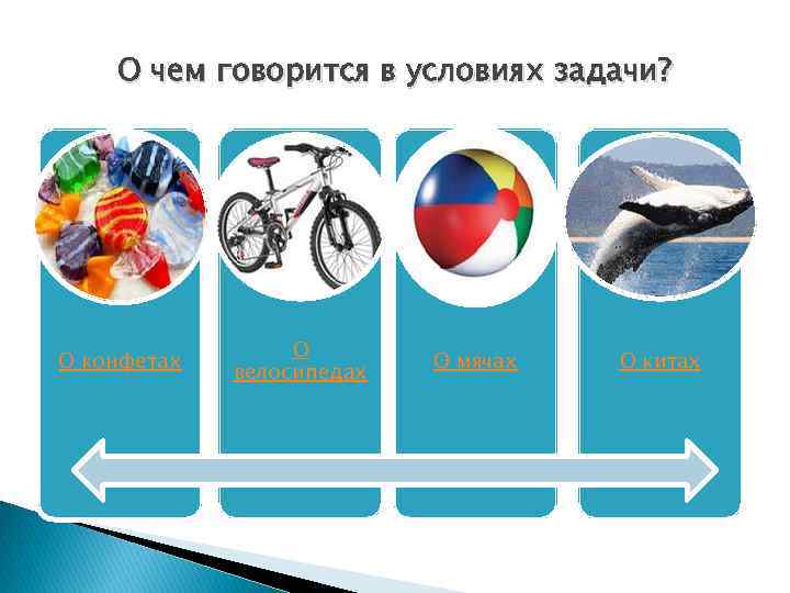 О чем говорится в условиях задачи? О конфетах О велосипедах О мячах О китах