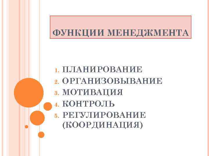 ФУНКЦИИ МЕНЕДЖМЕНТА 1. 2. 3. 4. 5. ПЛАНИРОВАНИЕ ОРГАНИЗОВЫВАНИЕ МОТИВАЦИЯ КОНТРОЛЬ РЕГУЛИРОВАНИЕ (КООРДИНАЦИЯ) 