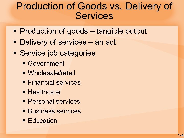 Production of Goods vs. Delivery of Services § Production of goods – tangible output