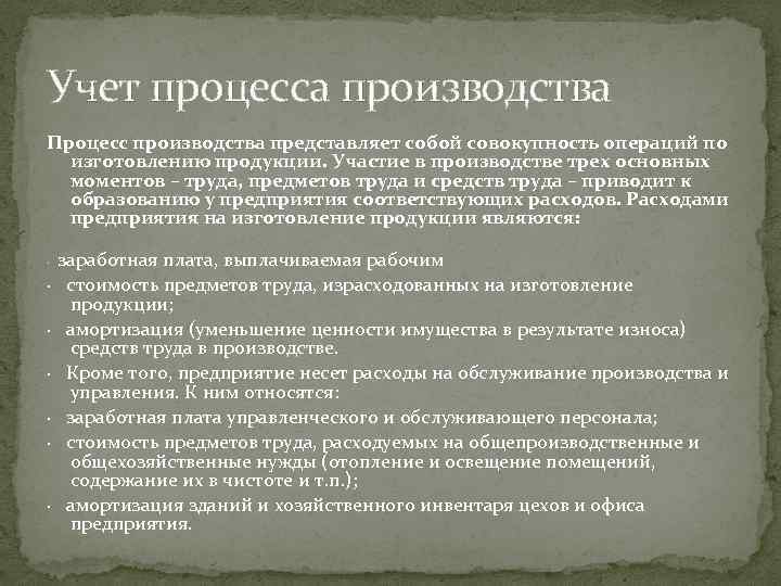 Учет процесса производства Процесс производства представляет собой совокупность операций по изготовлению продукции. Участие в