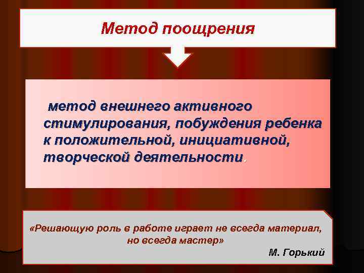 Метод поощрения метод внешнего активного стимулирования, побуждения ребенка к положительной, инициативной, творческой деятельности. «Решающую